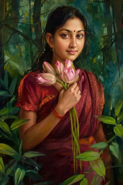Lotus In Bamboo Shadows (PRT-15697-125227) - Canvas Art Print - 40in X 60in
