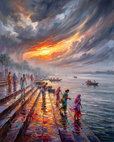 Sacred Waters At Monsoon Dawn (PRT-15697-125784) - Canvas Art Print - 48in X 60in