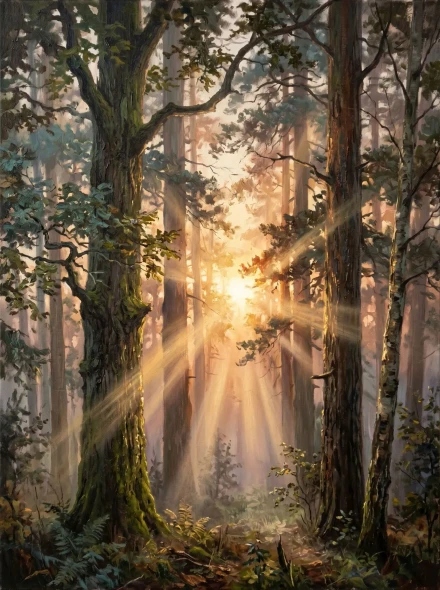 Rising Sun Ancient Forest (PRT-15697-125621) - Canvas Art Print - 45in X 60in