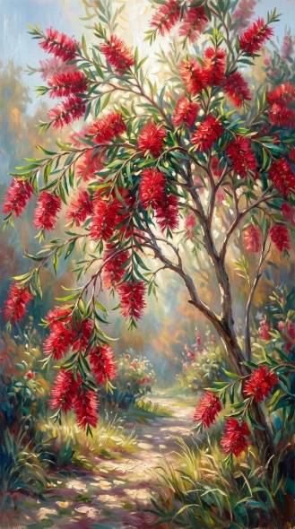 Crimson Spikes Of Bottlebrush (PRT-15697-125997) - Canvas Art Print - 33in X 60in