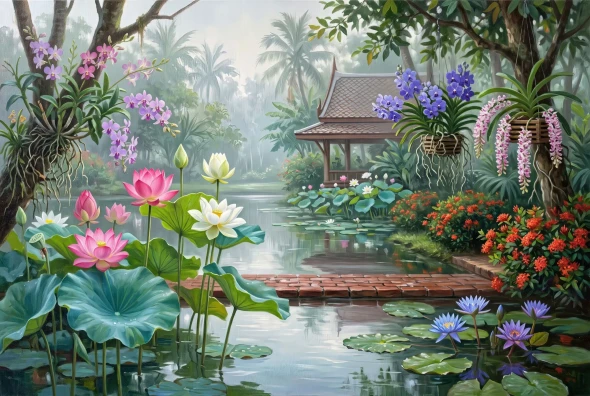 Thai Water Garden Awakening (PRT-15697-125873) - Canvas Art Print - 60in X 40in