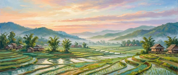 Dawn Over Terraced Fields (PRT-15697-124850) - Canvas Art Print - 60in X 25in