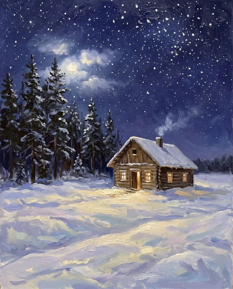 Silent Night Cabin Retreat (PRT-15697-125395) - Canvas Art Print - 48in X 60in