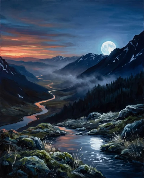Moonrise Over Misty Ridge (PRT-15697-125447) - Canvas Art Print - 48in X 60in