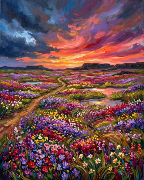 Wildflowers Under Fiery Skies (PRT-15697-125453) - Canvas Art Print - 48in X 60in