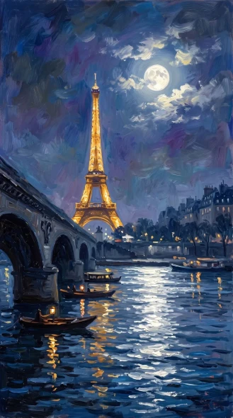Sapphire Midnight Over Seine (PRT-15697-124954) - Canvas Art Print - 33in X 60in