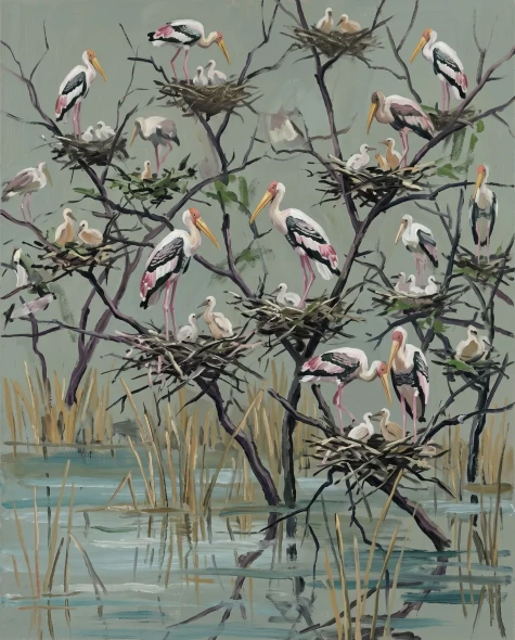 Monsoon Grove Painted Storks (PRT-15697-125658) - Canvas Art Print - 48in X 60in