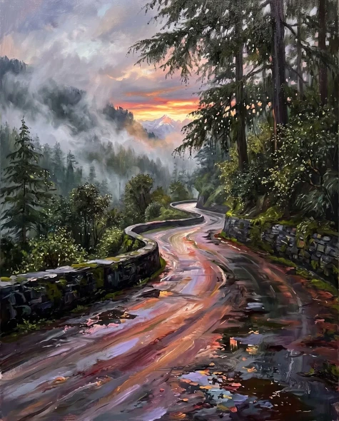 Rain Gleam Mountain Pass (PRT-15697-125444) - Canvas Art Print - 48in X 60in