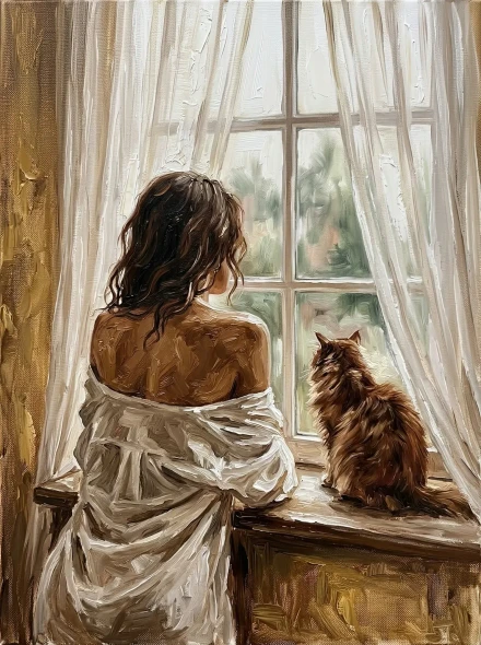 Morning Companions At The Window (PRT-15697-125304) - Canvas Art Print - 45in X 60in