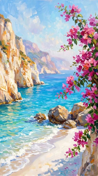 Sunlit Coves And Blossoms (PRT-16861-124438) - Canvas Art Print - 33in X 60in