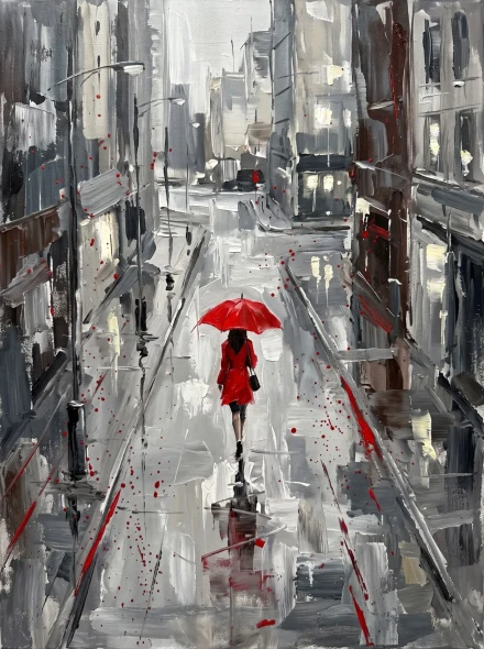 Crimson Rain In The City (PRT-15697-125312) - Canvas Art Print - 45in X 60in