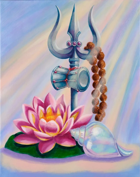 Trishul Rudraksh Lotus Shankh – Spiritual Wall Art - Prints (PRT-19101-126591) - Canvas Art Print - 14in X 18in