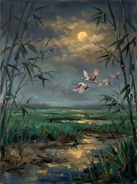 Moonlit Bamboo And Cranes (PRT-15697-126505) - Canvas Art Print - 45in X 60in