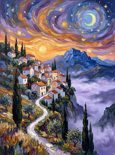 Village On Cliffside Heights (PRT-15697-126499) - Canvas Art Print - 45in X 60in