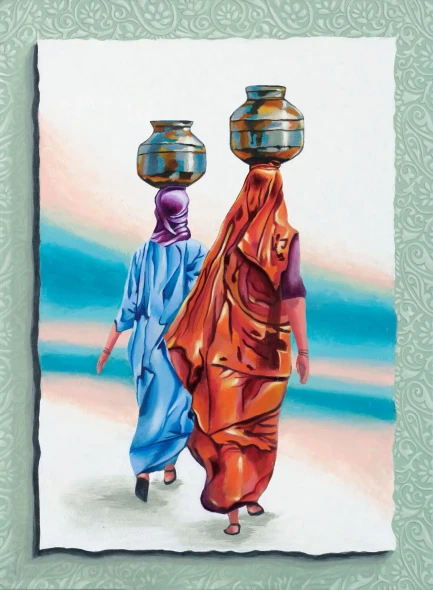 Two Ladies Carrying Water Jars - Prints (PRT-19101-126585) - Canvas Art Print - 18in X 24in