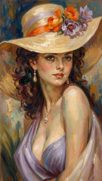 Sunlit Bloom And Straw Hat (PRT-15697-126575) - Canvas Art Print - 34in X 60in
