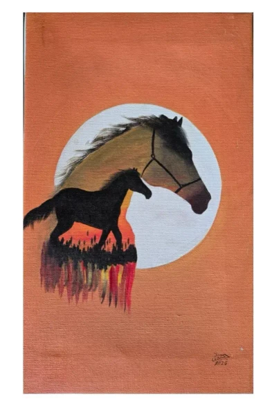 ​Majestic Horse Silhouette With Moon Acrylic Painting (ART-19069-126635) - Handpainted Art Painting - 10in X 11in