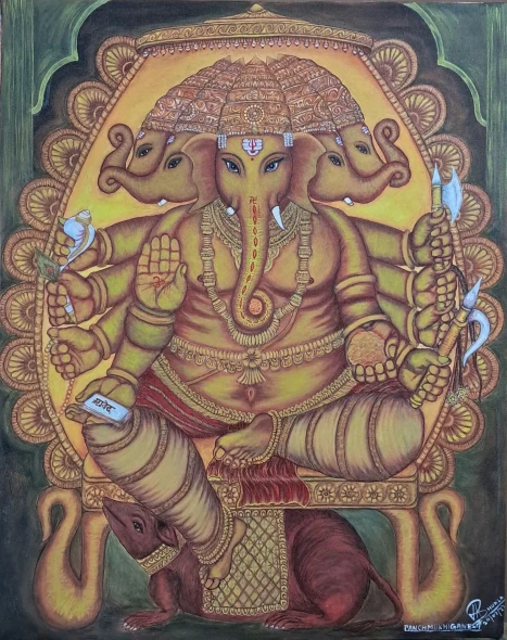 Panchmukhi Ganesha (ART-19118-126547) - Handpainted Art Painting - 24in X 30in