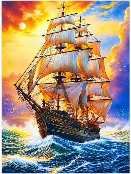 Pirated Ship In The Sea. (ART-18830-126540) - Handpainted Art Painting - 36in X 47in
