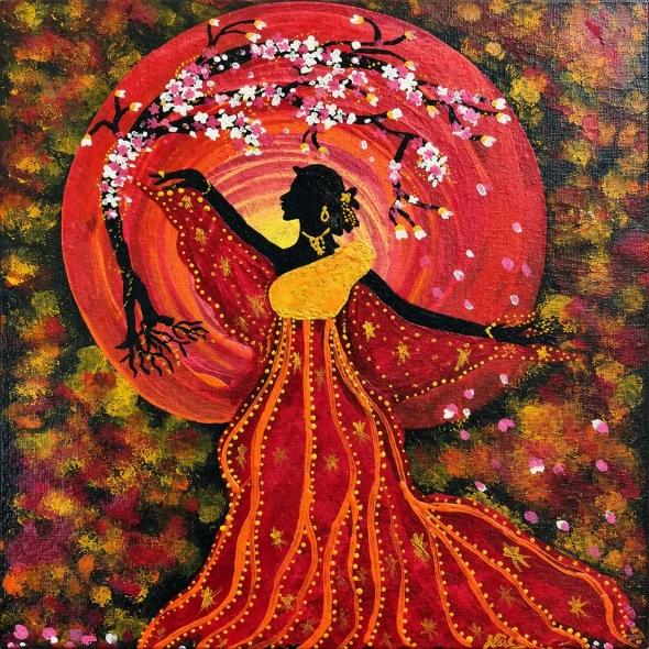 Handmade Indian Woman Floral Canvas Painting – Vibrant Red & Black Colour 16 X 12 Inches (ART-15404-126376) - Handpainted Art Painting - 12in X 16in