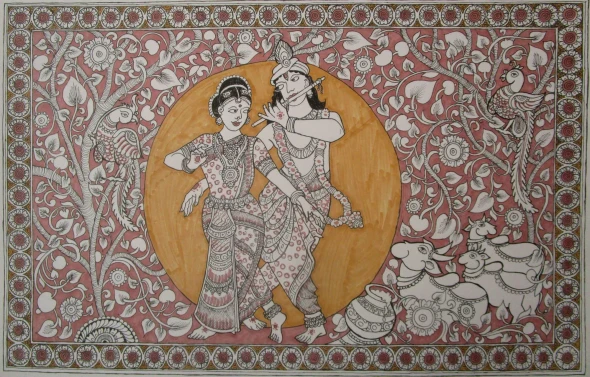 Dancing Radha Krishna - Kalamkari Inspired Art (ART-19066-126366) - Handpainted Art Painting - 16in X 10in