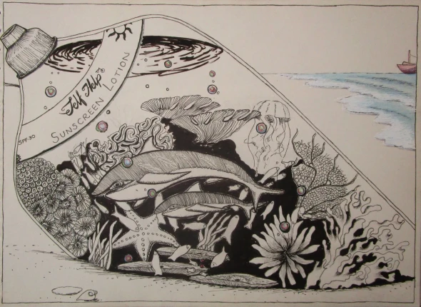 Coral Reefs Destroyed By Sunscreen Lotions (ART-19066-126356) - Handpainted Art Painting - 11in X 8in