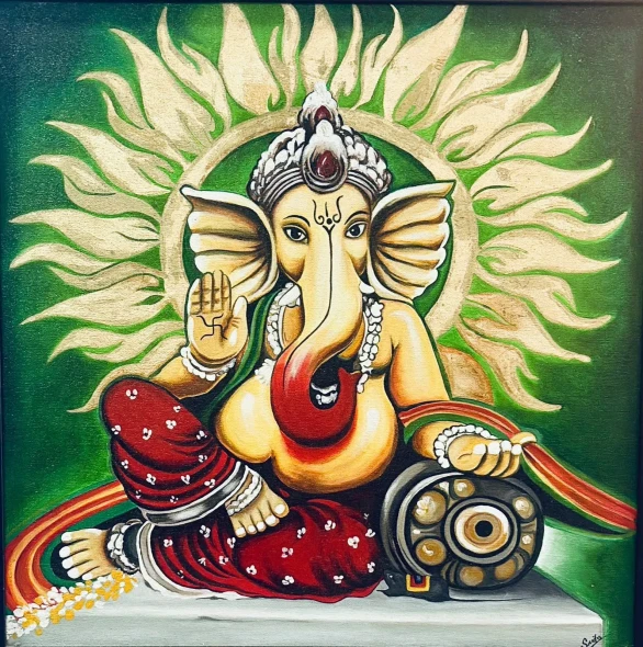 Divine Ganesha With Golden Sun Halo – Lord Ganesha | Traditional Indian Spiritual Art (ART-8339-126335) - Handpainted Art Painting - 30in X 30in