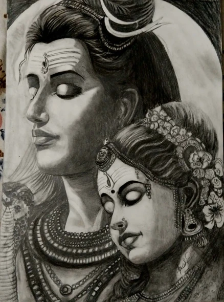 Divine Union Of Lord Shiva And Maa Parvati (ART-19128-126634) - Handpainted Art Painting - 12in X 16in
