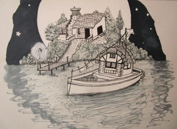 Home And A Boat House In The Full Moon Light (ART-19066-126371) - Handpainted Art Painting - 9in X 8in