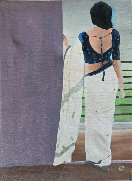 Indian Woman In Traditional Saree Figurative Canvas Painting (ART-19069-126646) - Handpainted Art Painting - 15in X 20in