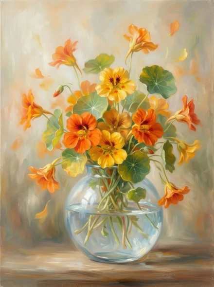 Luminous Nasturtium Still Life (PRT-15697-126815) - Canvas Art Print - 45in X 60in