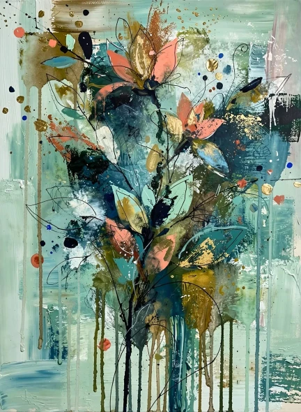 Aqua Bloom Symphony (PRT-19108-126661) - Canvas Art Print - 26in X 36in