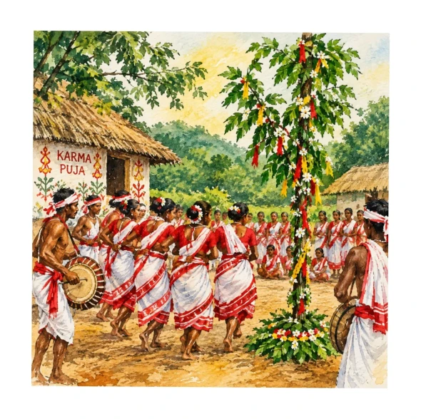 Karma Festival In Jharkhand's Art Culture (ART-18916-126855) - Handpainted Art Painting - 8in X 8in