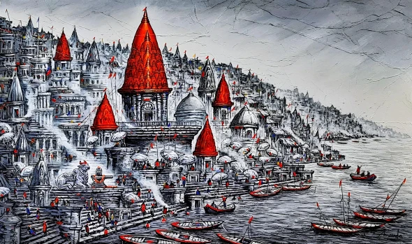 Anant Kashi: The Infinite Dawn (ART-7456-126805) - Handpainted Art Painting - 60in X 36in