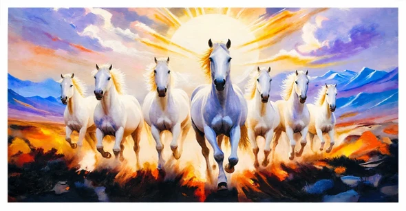 Seven Horses Running In A Multicolor Field. (ART-18830-126652) - Handpainted Art Painting - 50in X 26in