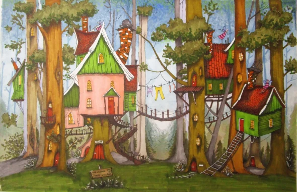 Fairy Village In The Forest (ART-19066-126365) - Handpainted Art Painting - 16in X 10in