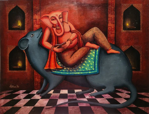 Mushakraaj (ART-8814-126877) - Handpainted Art Painting - 22in X 17in