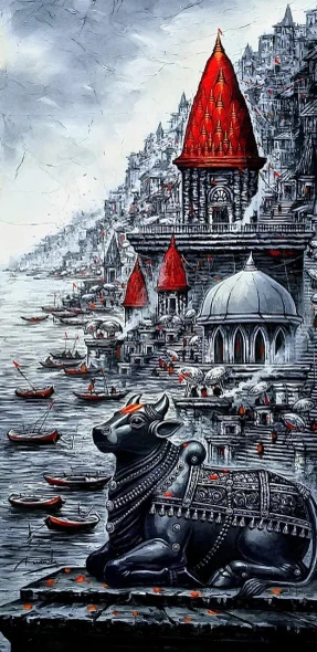 An Eternal Sentinel: Nandi At The Ghats Of Kashi (ART-7456-126842) - Handpainted Art Painting - 36in X 72in