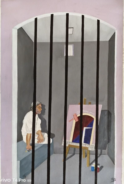 ​The Imprisoned Artist Thought Canvas Painting (ART-19069-126648) - Handpainted Art Painting - 24in X 36in