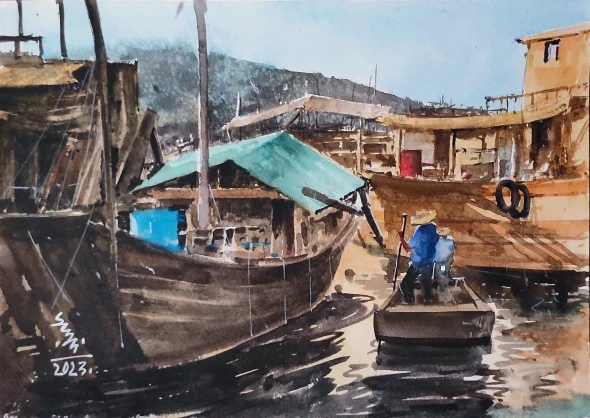 Boat (ART-7901-126719) - Handpainted Art Painting - 12in X 8in