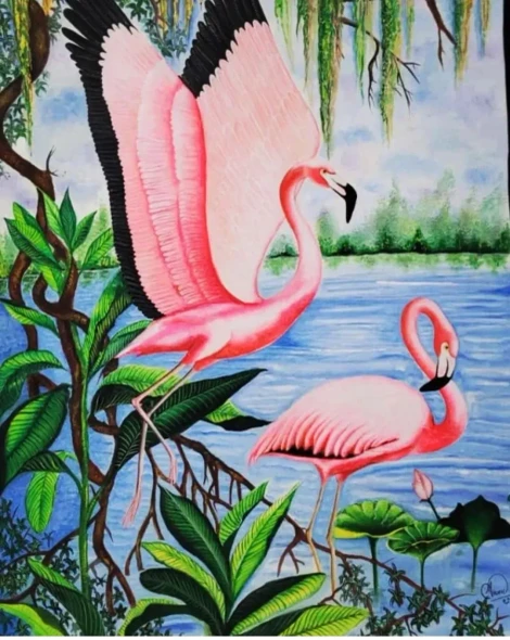 ~Wings Over Wet Lands (ART-19122-126668) - Handpainted Art Painting - 12in X 17in