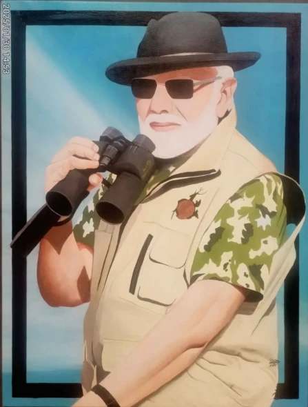​PM Narendra Modi Safari Portrait Fine Oil Canvas Painting (ART-19069-126734) - Handpainted Art Painting - 26in X 34in