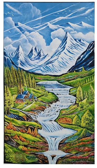 Landscape With Snowy Mountains. (ART-18830-126931) - Handpainted Art Painting - 30in X 53in