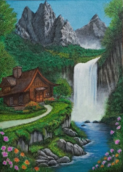 A House In The Nature (ART-19118-126665) - Handpainted Art Painting - 10in X 13in