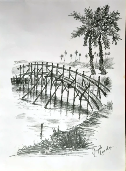 An Old Wooden Bridge Of A Village (ART-19040-127230) - Handpainted Art Painting - 10in X 14in