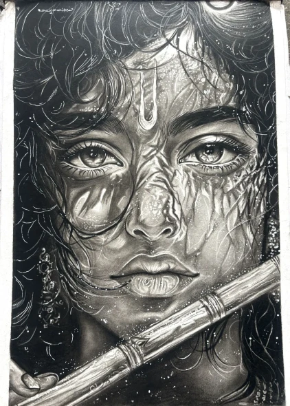 Divine Flute | Krishna-Inspired Monochrome Portrait | Handmade Artwork (ART-19079-127209) - Handpainted Art Painting - 30in X 42in