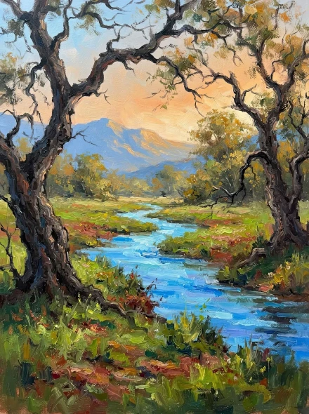 Golden Hour Stream Symphony (PRT-15697-127065) - Canvas Art Print - 45in X 60in