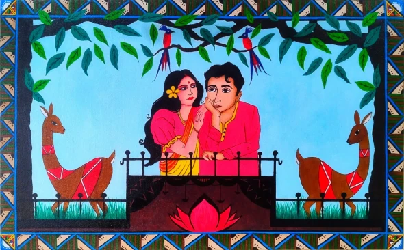 Madhubani Folk Art - Traditional Couples & Nature Motifs" (ART-17944-127503) - Handpainted Art Painting - 32in X 20in