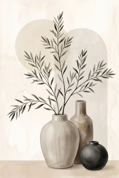 Ceramic Vessels And Slender Twigs (PRT-15697-127550) - Canvas Art Print - 40in X 60in