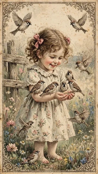 Handmade Vintage Canvas Print Of Little Girl Feeding Sparrows - Victorian Child With Birds (PRT-18995-126621) - Canvas Art Print - 24in X 42in